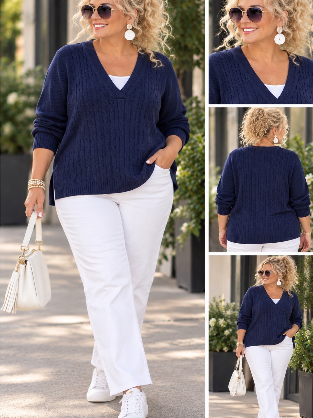 3x Allison Daley Women's Cable V-Neck Sweater - Navy